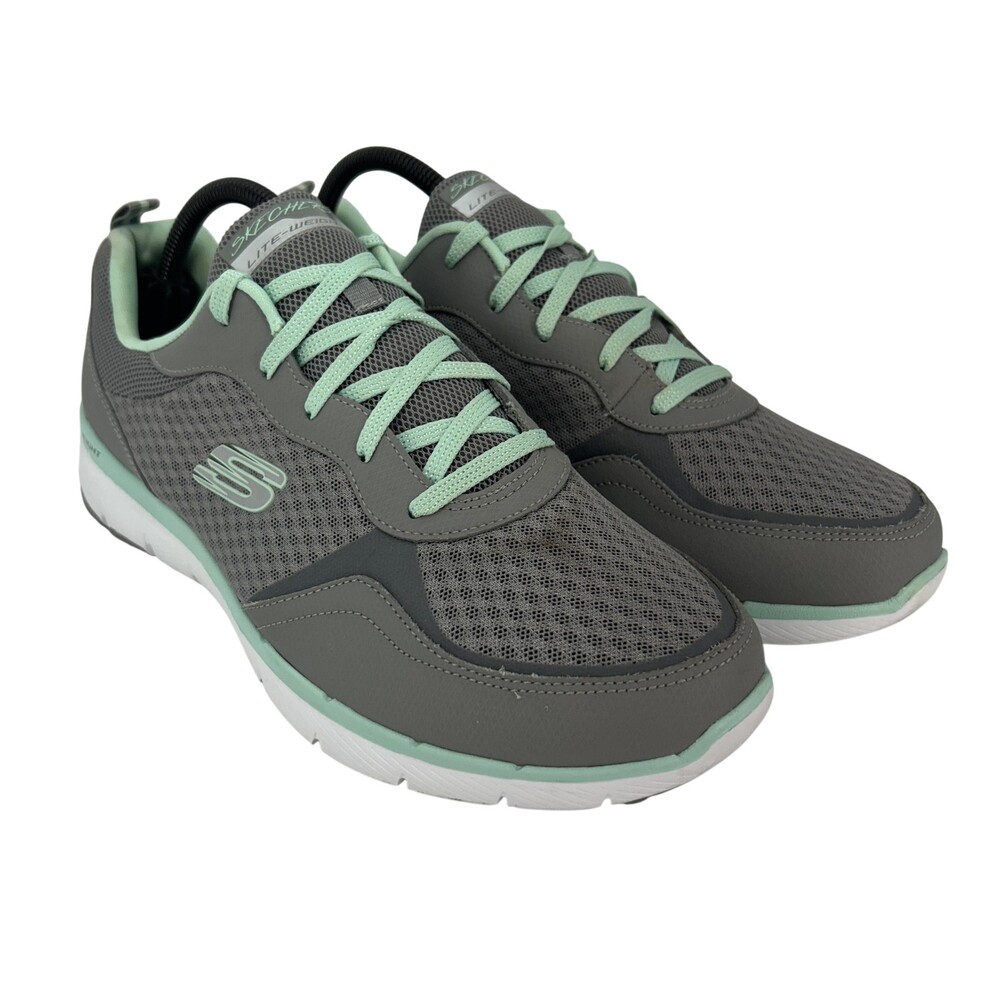 Skechers Lite-Weight Shoes Womens Size 11 Gray Mint Walking Sneakers SN 13069